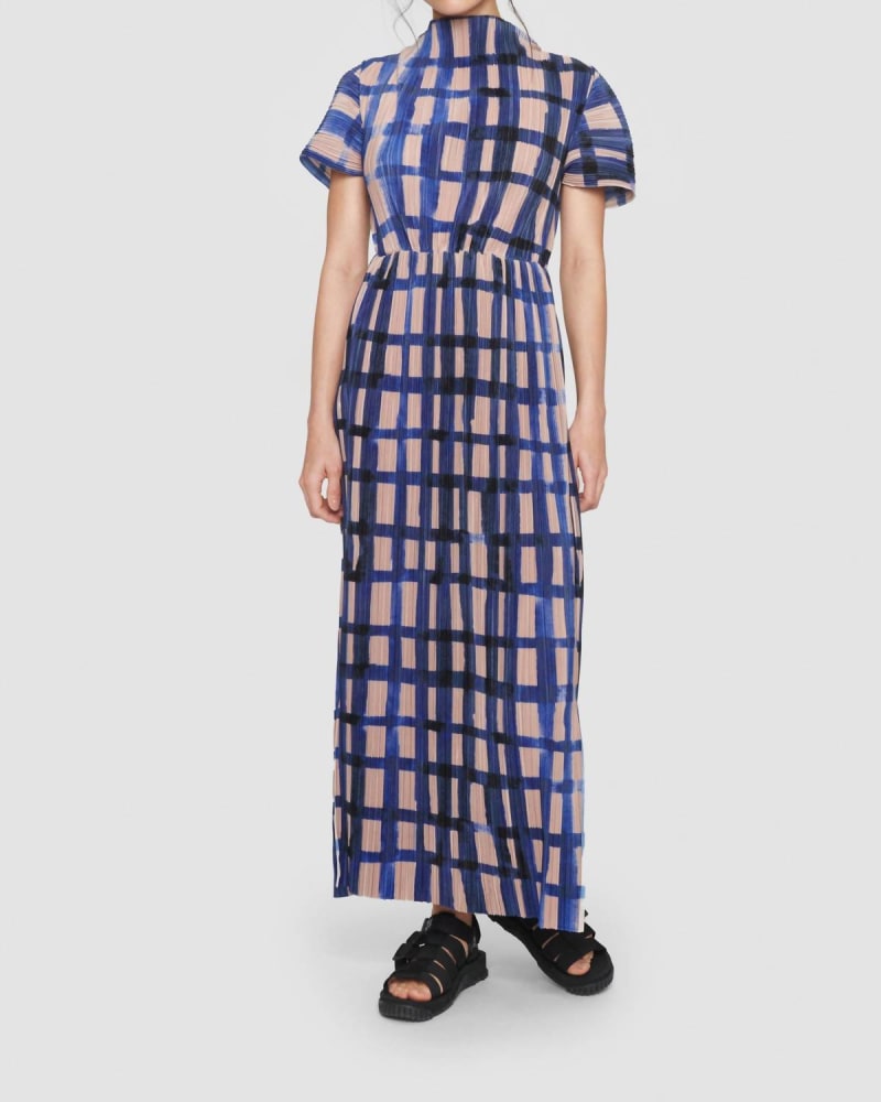 Front of a model wearing a size XL Watercolour Check Dress in Blue/Tan in Blue/Tan by BITTE KAI RAND. | dia_product_style_image_id:341229